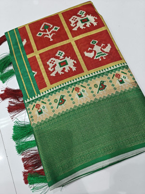 J6 Designers Printed Hand Batik Cotton Silk Saree(Red)