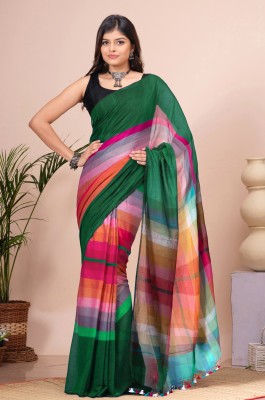 crochetin Woven Handloom Handloom Cotton Blend Saree(Green, Multicolor)