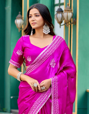 Satrani Embellished, Embroidered Bollywood Tissue, Jimmy choo Saree(Magenta)