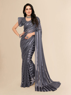 Moda Rapido Striped, Self Design Daily Wear Satin Saree(Grey)