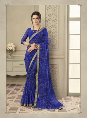 JustEthnic Geometric Print Bandhani Chiffon Saree(Blue)
