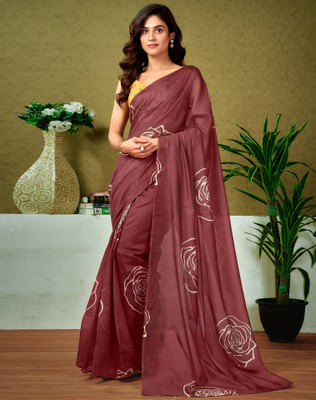 Divastri Floral Print, Geometric Print, Printed Sambalpuri Chanderi, Cotton Blend Saree(Brown)