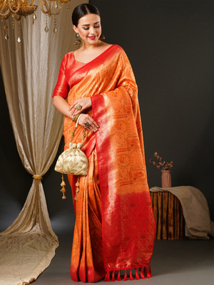 Tasrika Woven Kanjivaram Silk Blend Saree(Orange, Pink)