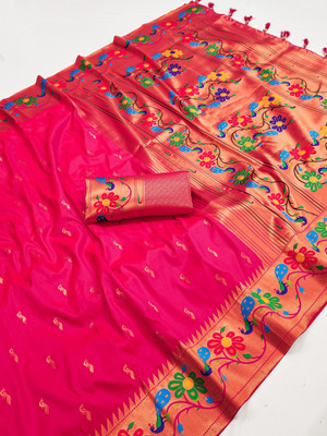 Sindharat Fashion Woven Paithani Cotton Silk Saree(Pink)