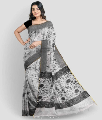 Shrutisareeghar Digital Print Handloom Cotton Silk Saree(White)