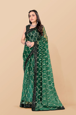 JAY RAMDEV FASHION Embroidered Bollywood Net Saree(Green)