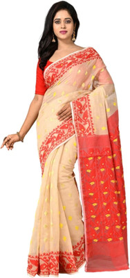 Revival Woven Jamdani Cotton Blend Saree(Beige, Red)