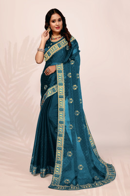 Privasaree Embroidered Bollywood Jimmy choo Saree(Dark Green)