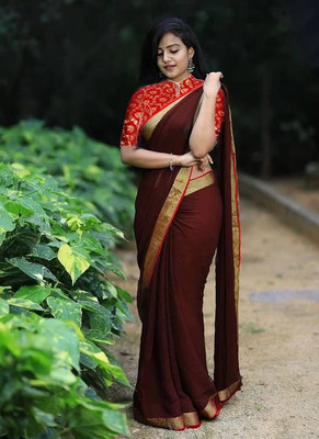 Sareez House Solid/Plain, Embellished Bollywood Georgette Saree(Maroon)