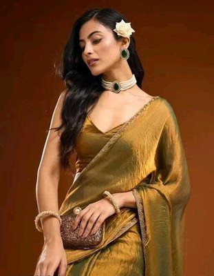 ELITEFOLIO Self Design Bollywood Chiffon Saree(Dark Green, Gold)