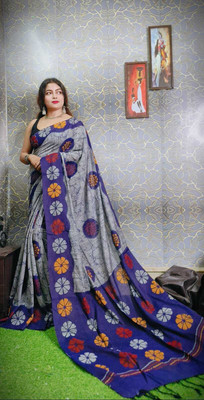 Joyguru Textile Printed Handloom Cotton Blend Saree(White)