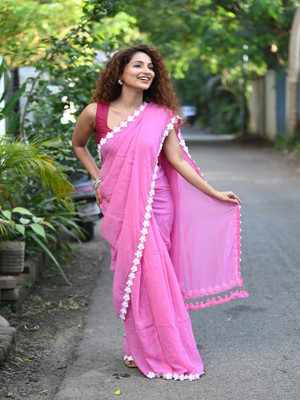 Very Much Indian Solid/Plain Handloom Pure Cotton Saree(Pink)