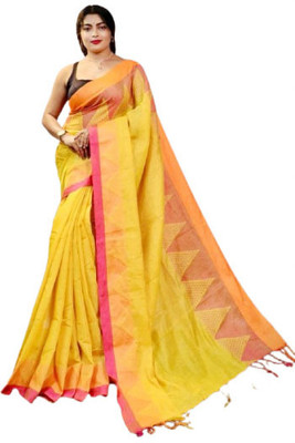 ANU INDIAN FASHION Woven, Self Design Handloom Cotton Blend Saree(Yellow, Red, Pink, Multicolor)