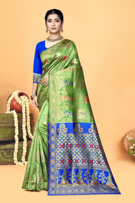Paul Sharee Centre Embroidered Banarasi Art Silk Saree(Green)