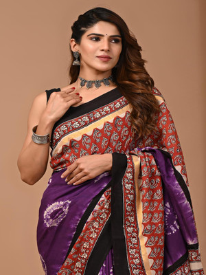 Taavi Blocked Printed Daily Wear Cotton Blend Saree(Blue)