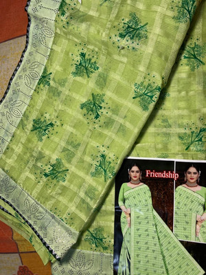 shreejeekrishna Checkered, Floral Print, Embellished Assam Silk Cotton Blend Saree(Green)