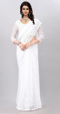 NORAFLEX Embroidered Bollywood Net Saree(White)