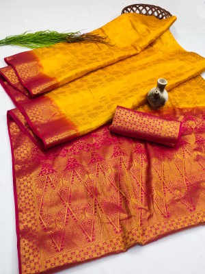 QENY Printed Banarasi Pure Silk, Art Silk Saree(Yellow)