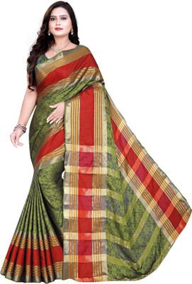 3Buddy Fashion Self Design, Checkered Handloom Cotton Blend, Cotton Silk Saree(Green)