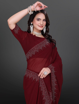 RB studio Embellished, Solid/Plain, Dyed Bollywood Georgette Saree(Maroon)