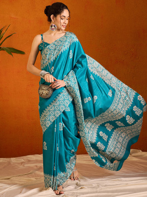 Sareemall Printed Chanderi Cotton Blend Saree(Light Blue)