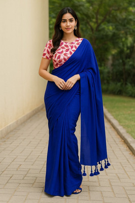 SMRITI HANDLOOM Printed Kalamkari Handloom Pure Cotton Saree(Blue)