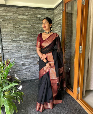 Aayna Store Self Design Banarasi Jacquard Saree(Black)