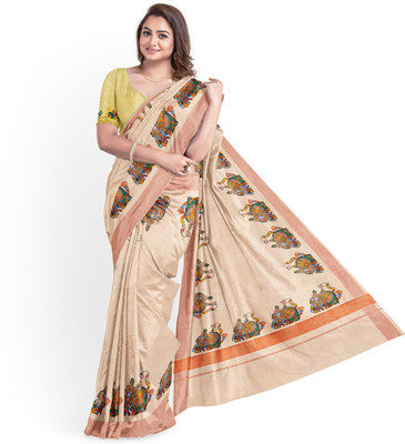 Chithra Fabrics Digital Print Kasavu Tissue Saree(Brown)