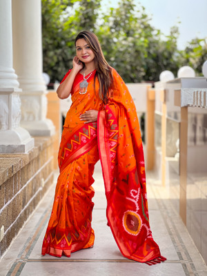 Divastri Printed Daily Wear Silk Blend Saree(Orange)