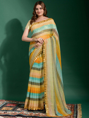 ANOUK Striped Banarasi Chiffon Saree(Light Blue)