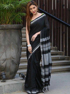 HouseOfCommon Solid/Plain Handloom Cotton Blend Saree(Black)