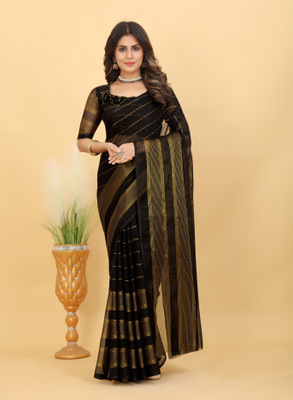 PRETTYAGE Striped Bollywood Art Silk Saree(Black)