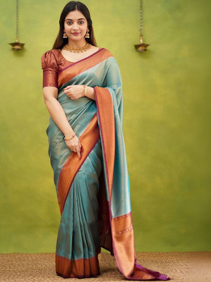 Moda Rapido Woven Daily Wear Silk Blend Saree(Dark Green)
