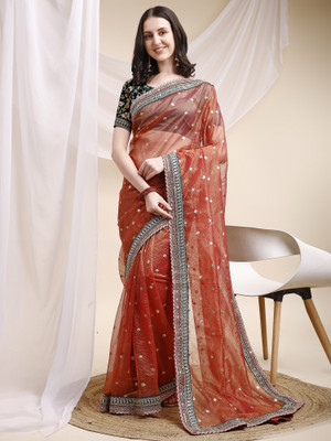 KV Fashion Embroidered Bollywood Net Saree(Orange)