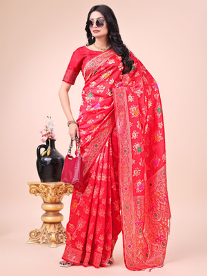Tasrika Self Design Banarasi Cotton Silk Saree(Red)