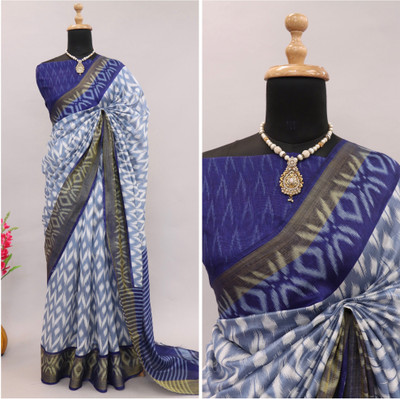 Kjs Geometric Print Ikkat Cotton Silk Saree(Multicolor)