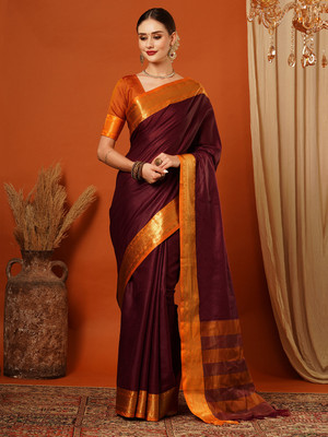 HouseOfCommon Woven, Embellished Mysore Cotton Silk, Jacquard Saree(Brown, Red, Gold)