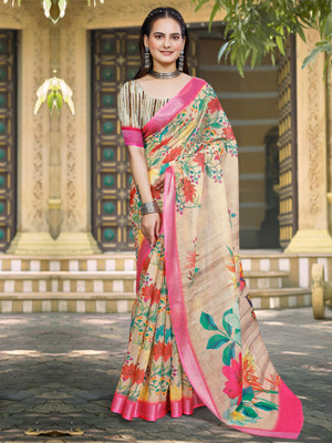 Anouk Rustic Digital Print Hand Batik Cotton Linen Saree(Beige)