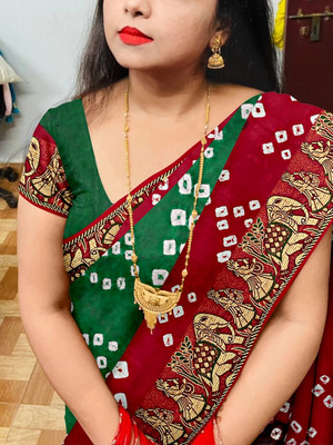 JERAVI Enterprise Printed Bandhani Art Silk Saree(Dark Green, Red)