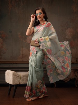 Divastri Floral Print Bollywood Tissue Saree(Light Blue)