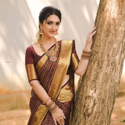 PRASHANTHVI CREATIONS Woven, Geometric Print, Temple Border Banarasi Silk Blend Saree(Brown)