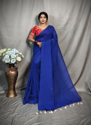 PRAVATI FASHION Solid/Plain Handloom Cotton Blend Saree(Blue)