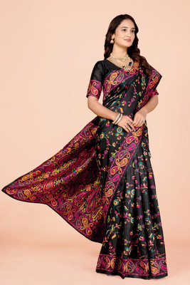 NEZAA EXPORT Woven Kanjivaram Pure Cotton Saree(Black)