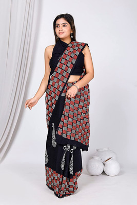 Pinkcity Trade World Printed, Color Block, Blocked Printed Daily Wear Pure Cotton Saree(Black)
