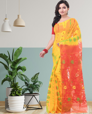 TANTLOOM Floral Print Jamdani Handloom Pure Cotton Saree(Yellow)