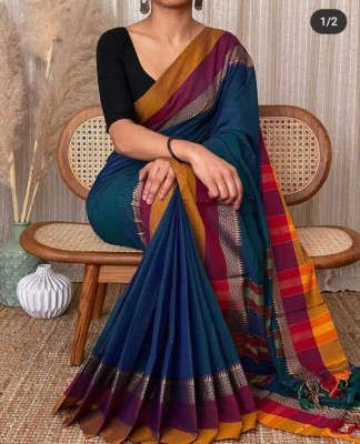 Zinniasareeghar Solid/Plain Handloom Cotton Jute Saree(Blue)