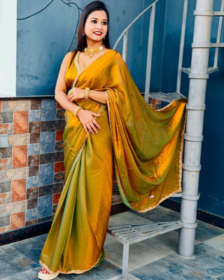HouseOfCommon Embellished, Embroidered, Solid/Plain Bollywood Chiffon, Pure Silk Saree(Gold)
