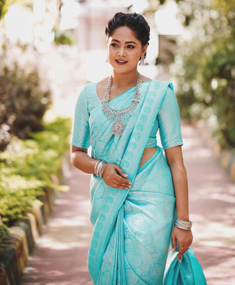 Anjaneya Sarees Self Design Banarasi Silk Blend Saree(Light Blue)
