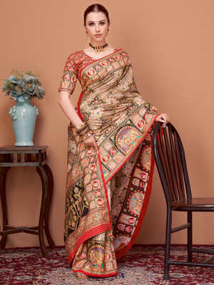 Sareemall Printed Banarasi Viscose Rayon Saree(Beige)