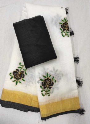 Jai Ambey Tex Embroidered Bollywood Cotton Linen Saree(White, Black)